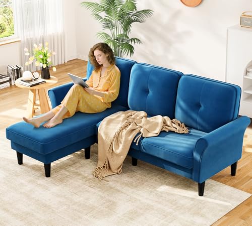 Image of Small Sectional Couch, 83 inch L Shaped Couch, Comfy Velvet Couches for Living Room, Tool-Free Setup Modular Sectional Sofa, 850lbs Load Sofas for Living Room with 1 Movable Ottoman, Blue Couch