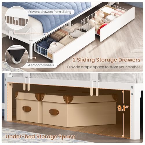 Image of Hasuit Corner Twin Bed Frame with Storage Drawers and Bookcase Headboard, Twin Size Metal Platform Corner Bed Frame with Charging Station and LED Lights, Twin Daybed for Kids Teens Guests, White