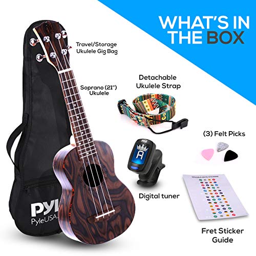 Pyle Mahogany, 4-String Learn To Play Kit-Solid Wood Soprano Ukulele Professional Instrument With Flamed Brown Body, Black Walnut Fingerboard And Bridge Pukt5580 #TOP6
