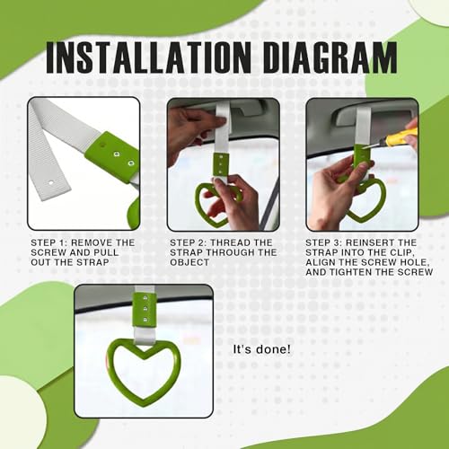 Image of 2PCS Heart Shaped Car Handle Straps, Rear Bumper Warning Keychain Ring for Car Exterior Accessories (Green-Silver)
