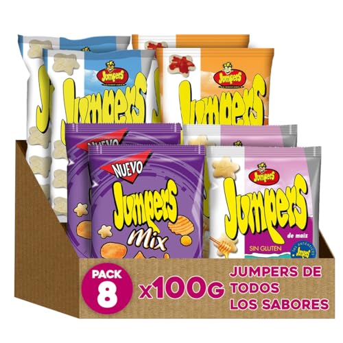 Pack Jumpers Variado 8 Unidades - Snacks de Maíz Sabores Mantequilla, Ketchup, Mix y Mantequilla-Miel - Aperitivos para Fiestas y Celebraciones