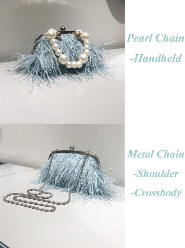 Ostrich Feather Evening Bags Fluffy Clutches for Women, Vintage Pearl Purse Tote Bag for Bridal, Banquet, Party Blue - Image 5