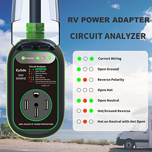 Image of EyGde 30 Amp to 50 Amp RV Adapter with Surge Protector, Patented 4500J 30 Amp Male to 50 Amp RV Adapter Plug, RV Circuit Analyzer Voltage Protector with Waterproof Cover for Camper Travel Trailer