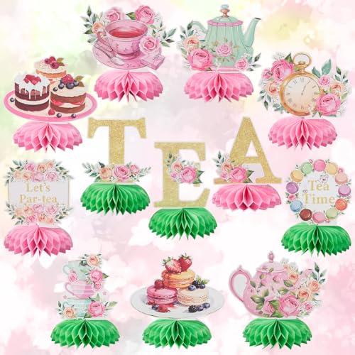 PRESSINART 12 Pièces Centres De Table Thème Tea Time Nids D Abeilles Décorations Papier Macaron Dessert Fleurs Horloge pour Table Anniversaire Maison Bureau Mariage...