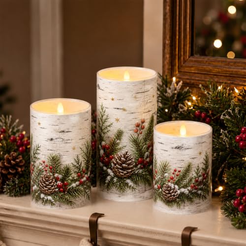 Image of Tujoe 3 Pcs Christmas Winter Birch Flameless Candle LED Pillar Candle