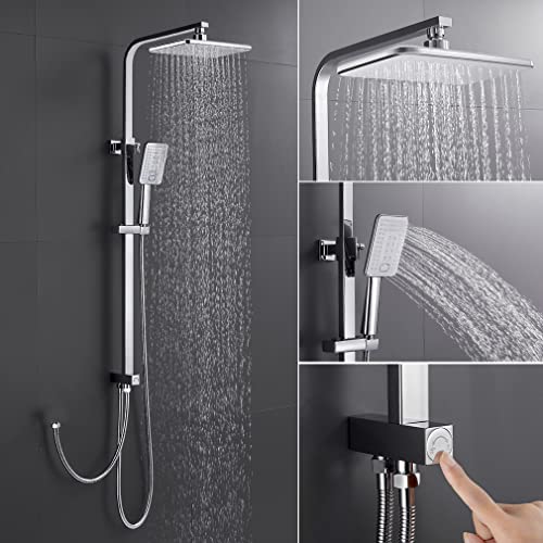 WOOHSE Ensemble de douche réglable en acier inoxydable, système de douche avec effet pluie sans robinet, pommeau de douche à 3 fonctions, anticalcaire, chromé Cover