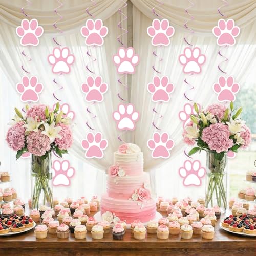 Image of Weecent 24 Pcs Dog Paw Prints Themed Party Hanging Swirl Pink White Puppy Birthday Decorations Banners Paw Prints Ceiling Streamers for Pets Birthday Baby Shower Party Favors Supplies