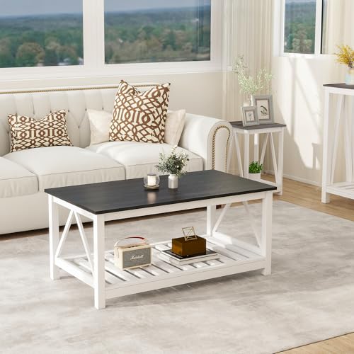 UYIHOME Farmhouse Coffee Table, Black and White Coffee Table for