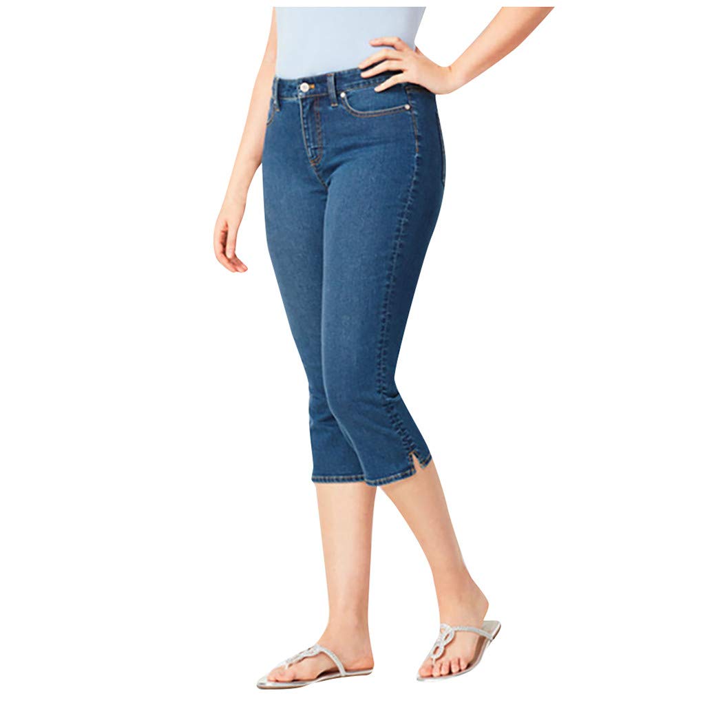 Women's A-Dark Blue Cropped Jeggings For Capri Stretchy Jeans Denim Legging Three Quarter 3/4 Length Cut Off Trousers High Waist Slim Hight Calf Plus Size Pants Petite Pedal Pushers