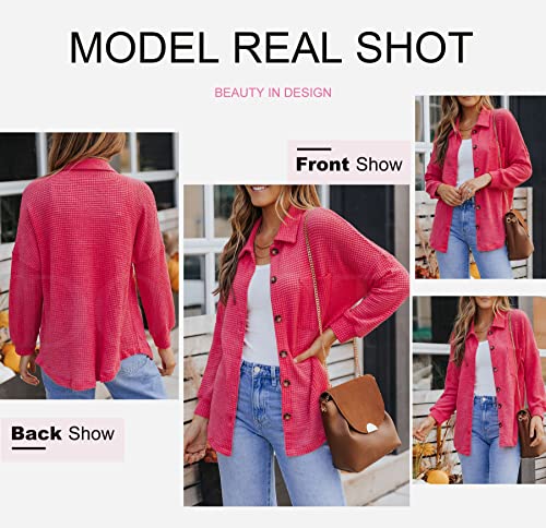 Dokotoo Womens Shacket Jacket Waffle Knit Button Down Tops For Women Casual Loose Fit Long Batwing Sleeve Blouses Lightweight Solid Color V Neck Shirts Hot Pink Large #TOP3