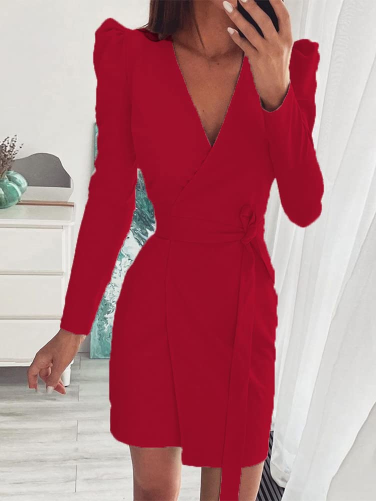 Onsoyours Damen Blazer Kleid Langarm V-Ausschnitt Hemdkleid Elegant Business Lange mit Gürtel Anzug Spleißen Bodycon Minikleider