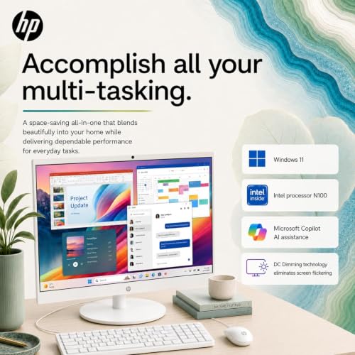 Image of HP 22 inch FHD All-in-One Desktop Computer, 16GB RAM, Quad-Cores Intel N100, Windows 11, 128GB Storage, Office 365 for Web, Keyboard & Mouse Included, White