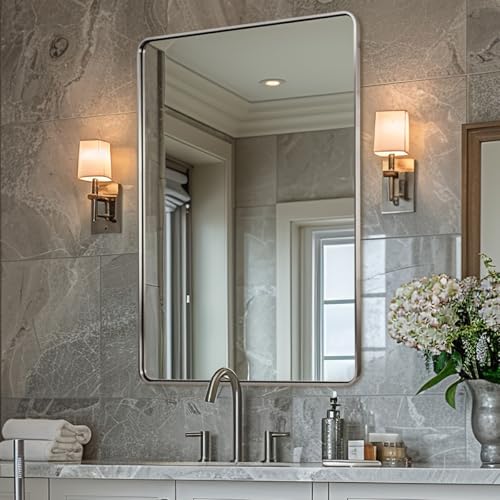 Image of ANDY STAR 48x36 Inch Chrome Mirrors for Bathroom, Chrome Bathroom Vanity Mirror, Rounded Rectangle Mirror, Anti-Rust SUS304, Seamless Tube Metal Frame, 1'' Deep Wall Mounted Vertically /Horizontal