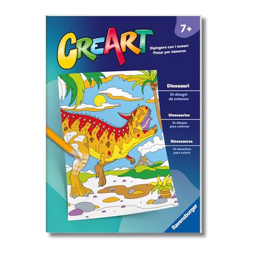 Ravensburger - CreArt: Libro da Colorare, Spaventosi Dinosauri, Bambini 7 anni, dipingere con i numeri, giochi educativi e di viaggio