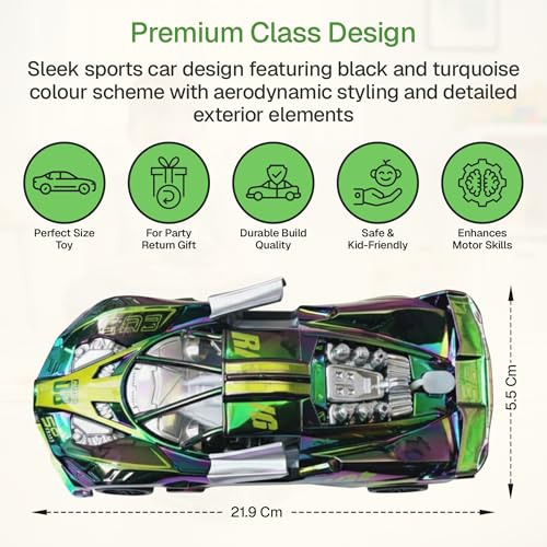 Image of joybox Remote Control Racing Car, 21.9 cm Length, Black and Turquoise Sports Car Design with Wireless Controller with Smoke, 8 Year +