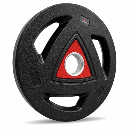 Image of LEEWAY Rubber Coated Olympic Plates (5kg x 2) | 50mm Standard Hole Size | Tri-Grip Handle Design | Anti-Slip Floor Protection | Olympic Barbell & Dumbbell Compatible | Strength Training (5kg Pair)