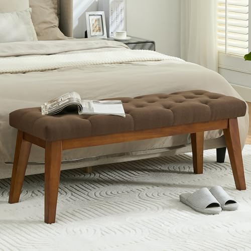 Image of WUTUTUEE 43.5'' Linen Bedroom Bench, Upholstered End of Bed Bench with Tufted Button, Padded Vintage Dining Bench, Entryway Bench with Solid Wood Legs, Kitchen, Living Room, Hallway, Brown Tufted