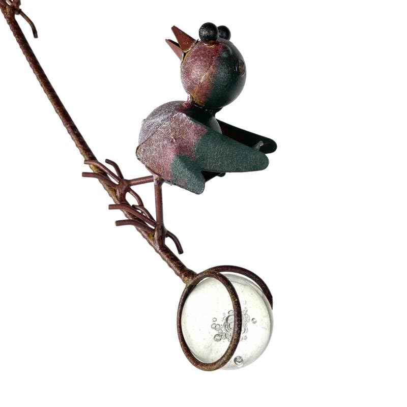 Tuteur Tige pour Plantes Motifs Oiseaux Mobile de Jardin Rotatif à Planter en Métal Patiné Coloré et Verre 9x71x163,5cm