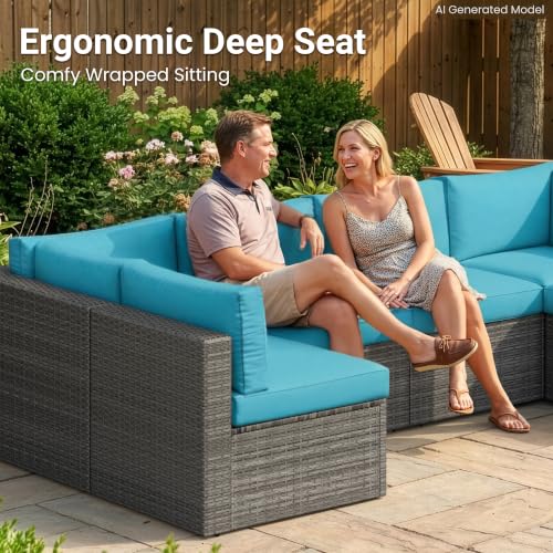 Image of Wisteria Lane 7 Pieces Outdoor Patio Furniture Set, Wicker Outdoor Patio Sectional Sofas with Coffee Table, All-Weather Patio Conversation Set for Garden Backyard, Light Blue