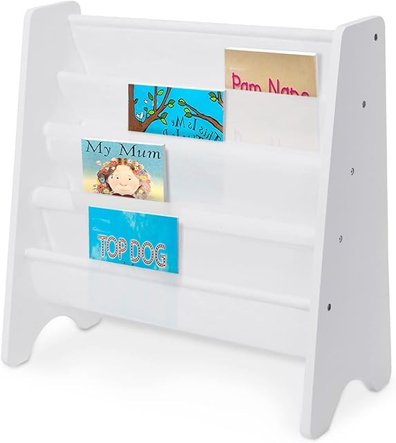Youyijia 4 Tier Children's Bookcase Childrens Bookshelf Wooden White Kids Sling Storage Child Bookcase Shelf with Soft Canvas for Book Storage