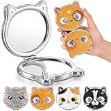 4 Pcs Diamond Painting Compact Mirror Cat DIY Pocket Mirror with Diamond Painting Cover 3.15 x 2.95 Portable Makeup Folding Compacts Mirror Magnifying Folding Purse Mirror for Women Girls Kids