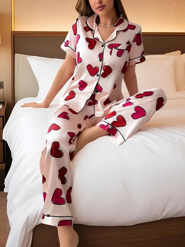 Image of Night Suit for Women with Full Sleeve Button-Down Top with Pant Dress for Woman, Cotton Night Dress for Woman, Two-Piece Loungewear Set