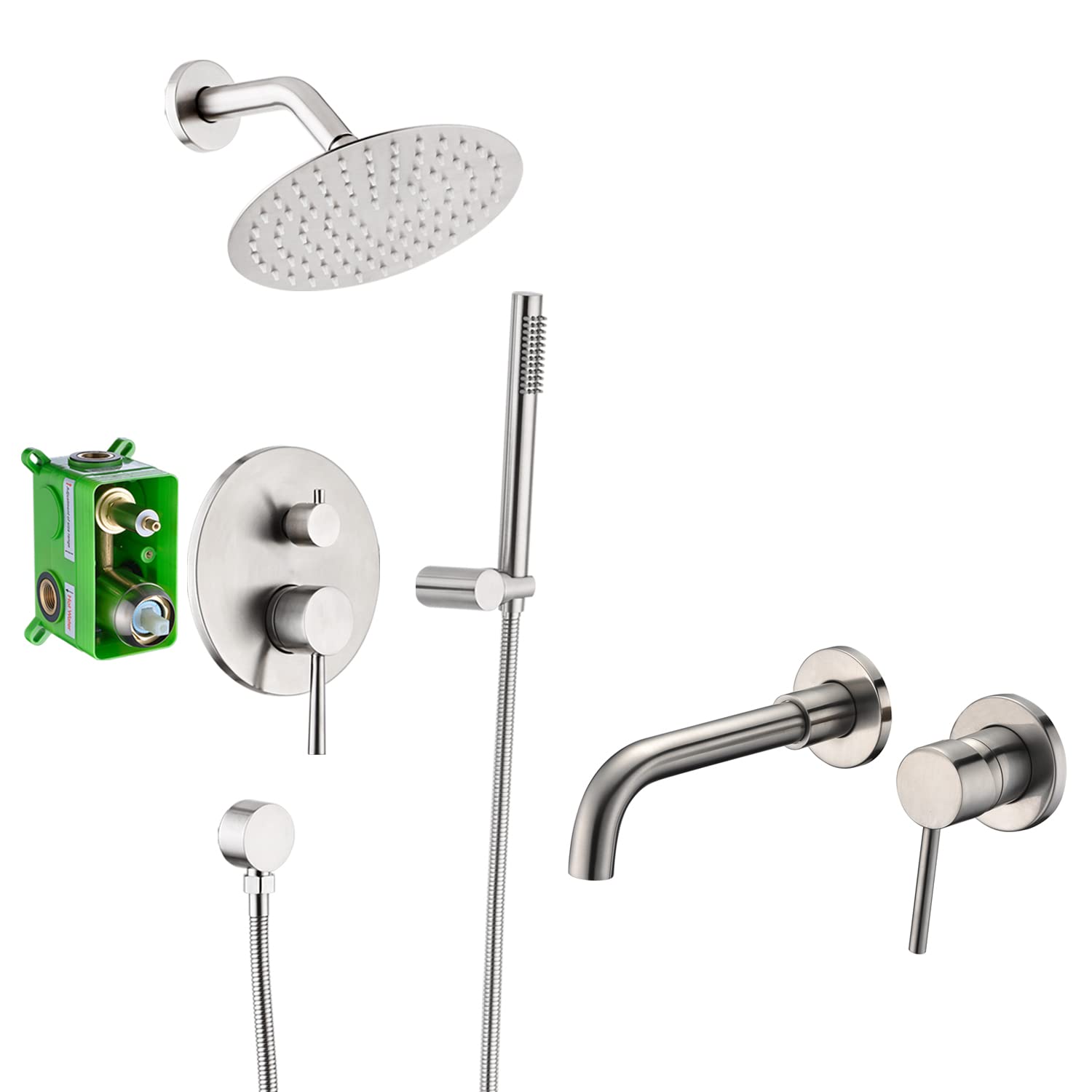 Jnfidosr Brushed Nickel Rain Shower System S3223ni + Wall Mount Bathroom Sink Faucet S1394ni