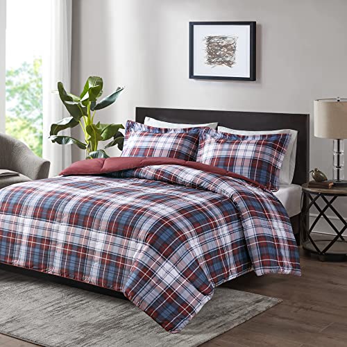 Image of Madison Park Essentials Parkston Plaid Comforter Set Soft Brushed Microfiber College Bedding, 3M Scotchguard Stain Release Cover, Modern All Season Cabin Bedding, King /Cal King, Red, 3 Piece