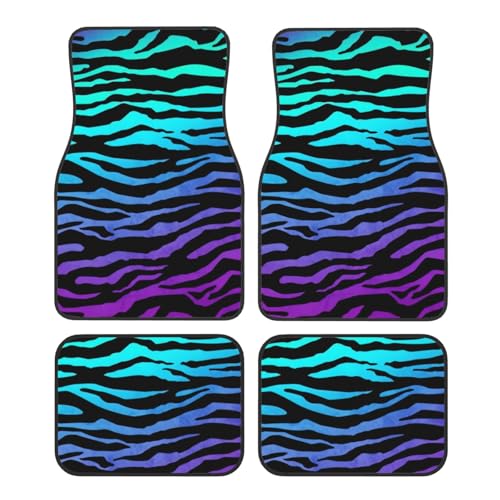Juego de 4 alfombrillas antideslizantes para coche, color morado, azul y verde, diseño de cebra, diseño de rayas de cebra, cobertura completa, ajuste universal, accesorios para automóviles