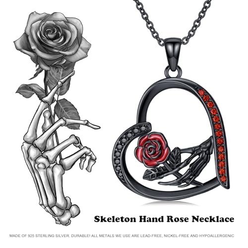 Skeleton Hand Red Rose Necklace 925 Sterling Silver Heart Halloween Pendant Necklace Gothic Jewelry2