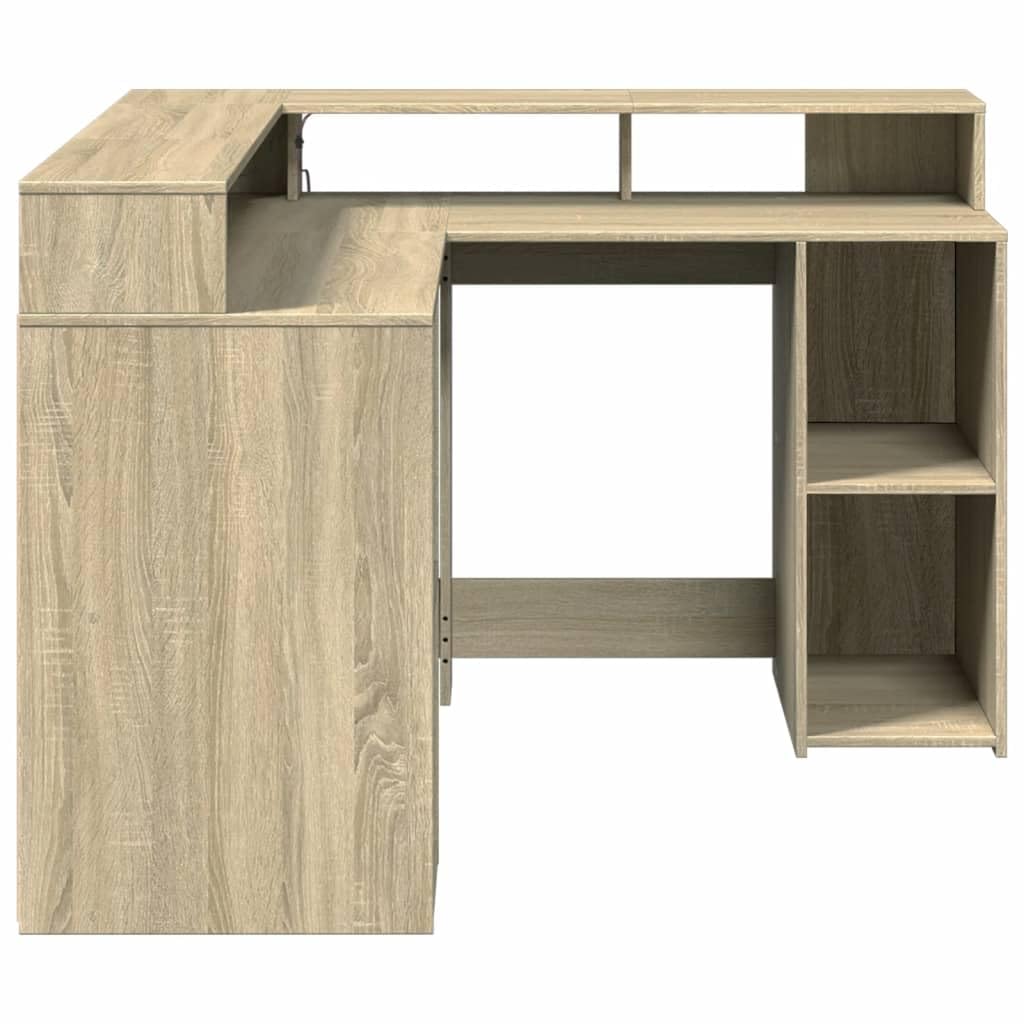 Homgoday Biurko z diodami LED, dębowe Sonoma 130 x 130 x 91 cm, z płyty wiórowej, meble biurka, półki, biurko komputerowe, biurko, biurko do gier, do pokoju dziecięcego