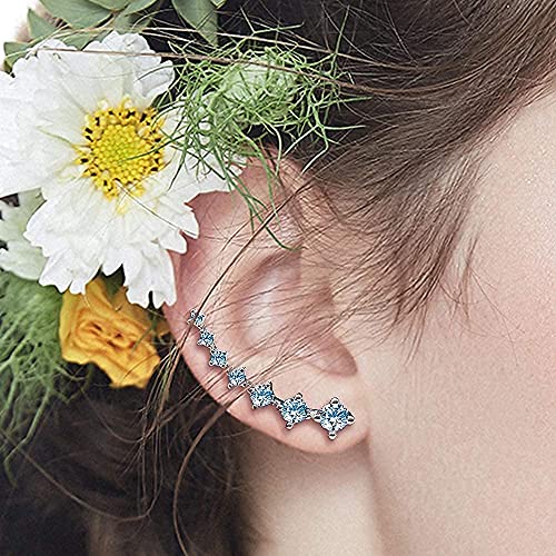 Sterling Silver Climber Earrings for Women 7 Crystals Ear Cuffs Cartilage Hypoallergenic Jewelry Dainty Fashion Birthday Gift for Women (Light Blue) by Elensan - Image 4