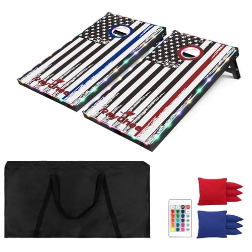 LED Cornhole Board Set 3x2 Cornhole Boards Game Set Corn Hole Outdoor Game American Flag Theme with Light-Up Border 8 Bean Bags Remote Control Carrying Case for Backyard Beach Lawn