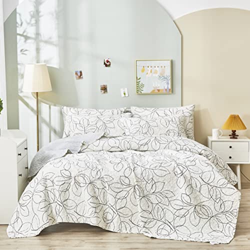 Tache Modern Abstract Floral Leaf Minimalist Line Art White Grey Bedspread Coverlet Set, Cal King #TOP7