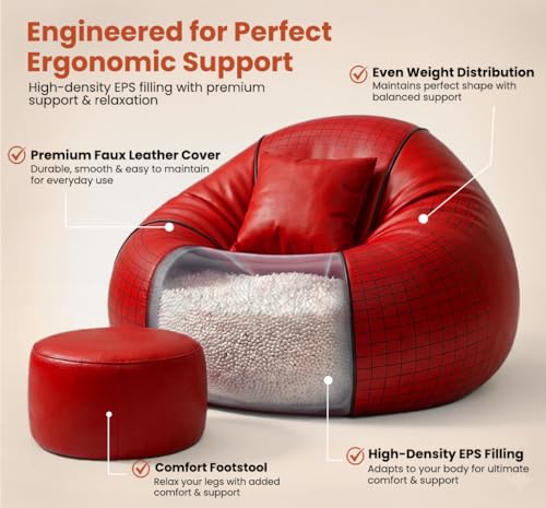 Image of Sattva Piping 5XL Sofa Style Bean Bag Chair with Beans Filled, Faux Leather Bin Bags Sofa Combo + Footstool & Cushion, Beanbags for Adults & Teens, Beans Bag with Beans - Red with Black Piping