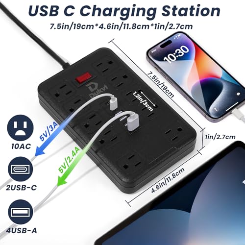 Protector eléctrico DUKVI con 10 tomas espaciadas y 6 puertos USB (2 USB-C), cable de extensión plano de 3 metros, montaje en pared miniatura 3