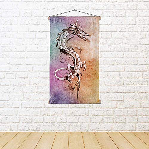 Image of ArtzFolio Tattoo Art Big Medieval Dragon Velvet Fabric Painting Tapestry | Scroll Art Hanging 30 x 48.8 inch (76 x 124 cms)