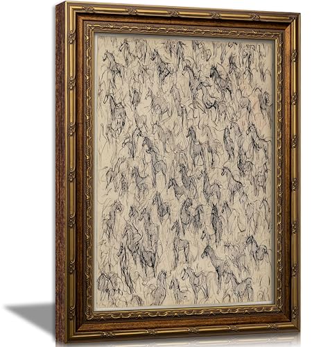 Vintage Gold Framed Horse Sketch Wall Art Abstract Equestrian Canvas Prints Rustic Neutral Horse Drawing Wall Decor Retro Equestrian Drawing Print Artwork for Living Room Bedroom Dorm Office 9x11in