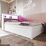 Arhatreya Schlafsofa 90x200 cm, Sofabett mit Mehrfachsteckdose und Staufächern, Hydraulisch Stauraumbett mit Lichtleiste, Daybett Tagesbett für Gästezimmer Schlafzimmer (Ohne Matratze) Weiß