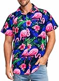 King Kameha Camisa Hawaiana Hombre de Manga Corta con Estampado de de Flamenco Colorido, Flamingo-Flowers, Marino-Rosa, L