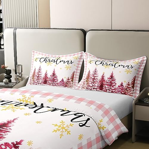 Homewish Xmas 100% Cotton Duvet Cover Single Size Girls Cute Kawaii Bedding Set Pink Christmas Tree Comforter Cover Geometric Lattice Buffalo Golden Snowflake Bed Sets with 1 Pillowcase - Image 4