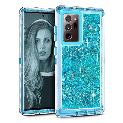 Cellularvilla Glitter Heavy Duty Girly Liquid Bling Quicksand 3in1 Hybrid Shockproof Hard Bumper Soft Rubber Protective Case Cover Compatible with Samsung Galaxy Note 20 Ultra (2020) (Blue)