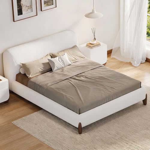 homary Modern Queen Size Bed Frame, White Bouclé Upholstered Bed