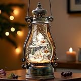 14.2' Christmas Village Buildings Tall Snow Globe Lantern Water Glittering Snowman Family with Music & Timer, USB Lined/Battery Operated Lighted Lantern for Christmas Festival Decoration Gifts