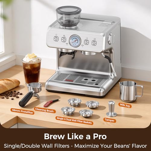 Image of Espresso Machine with Grinder,Expresso Coffee Machines, Professional Coffee Maker for Latte & Cappuccino with Milk Frother, Expresso Machines for Home, Removable Water Tank, Steam Wand-Silver