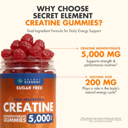 Image of Secret Element Creatine Monohydrate Gummies 5000 mg per Serving, Sugar Free Vegan Gummies, Non-GMO, Creatine Chews for Women & Men, 30 Servings, 120 Gummies, Strawberry Flavor