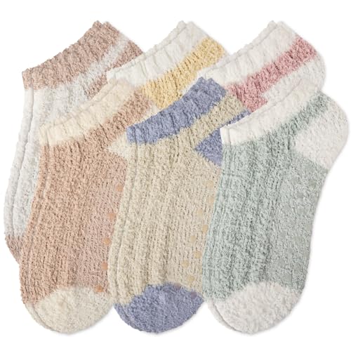 COOVAN 6 Pairs Fuzzy Ankle Socks for Women Warm Cozy Non Slip Slipper Socks