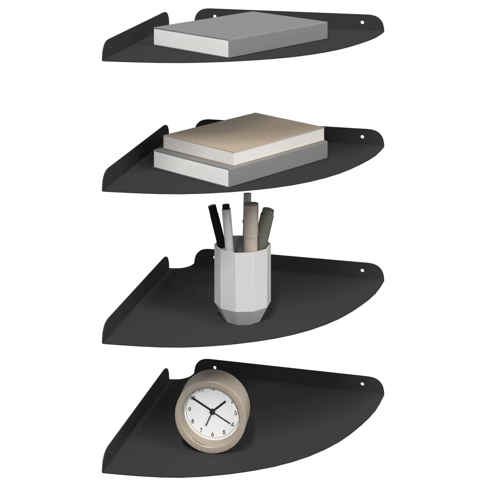 Schwebendes Wandregal 4er Set, Viertelrund Eckregal aus Stahl, Schwarz Matt, 30 x 30 x 2 cm, Platzsparendes Hängeregal für Wohnzimmer, Küche und Bad, Belastbar bis 10 kg