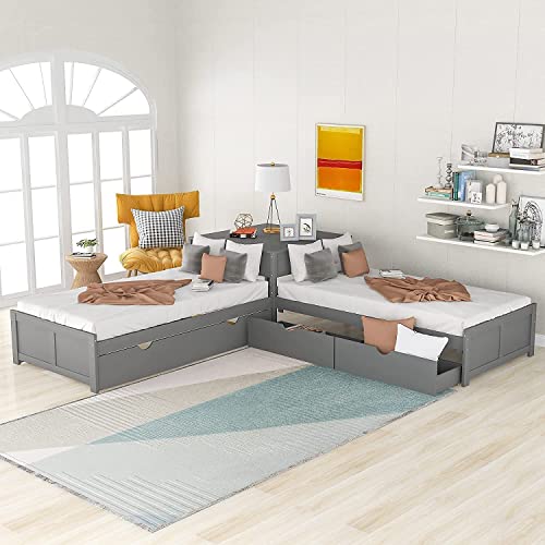 Citylight L-Shaped Platform Bed With Trundle And Drawers Linked With Built-In Desk, Wood Corner Bed With 3 Twin Beds For Kids Girls Boys Teens Bedroom (Twin,Espresso) #TOP3