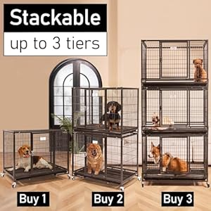 Homey Pet 37 inch Stackable Heavy Duty Dog Crate Cage for Medium Sized Dogs with Wheels Removable Tray Grid Open Top Metal Wire Dogs Kennel Indoor